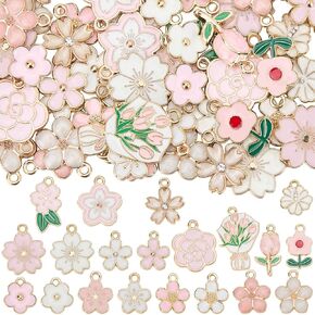 SUNNYCLUE 1 Box 80Pcs 20 Styles Pink Flower Charms Floral Charms Bulk Alloy Enmal Colorful Spring Cute Flowers Charm for Jewelry Making Charms DIY Crafting Necklaces Bracelets Earrings Supplies Gifts