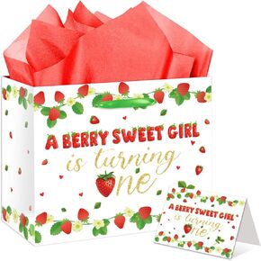 EIGHTSTATES Large Strawberry 1st Birthday Gift Bag Set, Berry Sweet Girl Turning One Party Supplies with Greeting Card & Tissue Paper, Baby Girls Gift wrapping paper for Baby Shower Decorations