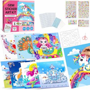 Marlrin Gem Sticker Kit for Kids, 8 Unicorn Princess Themes, Crafts Kits for Girls Ages 4-8, Arts & Crafts Toys, Diamond Painting for Girls - Birthday and Christmas Gift for Kids Ages 3, 4, 5, 6, 7, 8