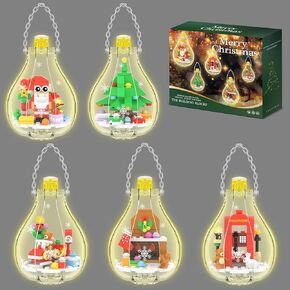 Christmas Ornaments Building Block Set, Compatible with Lego Christmas Tree Decorations Bulbs with Warm Light, Santa Claus Sleigh Phone Booth Fireplace Building Sets Gifts Stocking Stuffers (5 Pack)
