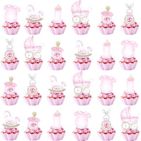 48 Pcs Pink Floral Baby Girl Party Cupcake Toppers for Girl Gender Reveal Birthday Baby Shower Party Decorations