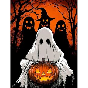 QENSPE Halloween Diamond Painting,Pumpkin Diamond Art Kits for Adults,Ghost DIY 5D Round Full Drill Diamond Art for Beginners,Diamond Dots for Adults,Home Wall Decor 12x16 inch