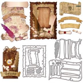 GLOBLELAND Vintage Scroll Banner Cutting Dies for DIY Scrapbooking Metal Deckle Edge Cut Dies Feathers Compass Die Cuts for Card Making Embossing Photo Album Craft Decor