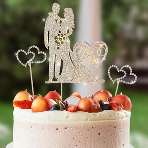 3 Pcs Wedding Cake Topper Funny Mr and Mrs Cake Topper Set Gold Wedding Cake Decorations Supplies Rhinestone Diamond Crystal Heart Shaped Topper for Bride Groom Bridal Shower Party