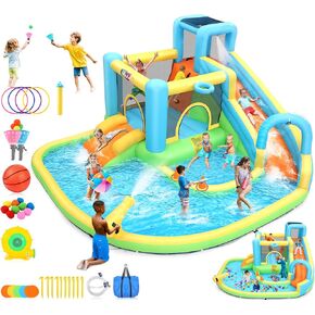 12.8x12FT Water Slide Bounce House for Kids, 12-in-1 Inflatable Water Park with Catch Ball Set/Toss Rings/Water Soaker Balls/Water Gun/Basketball/Splash Pool/Water Cannon/Climbing Wall/Basketball Hoop
