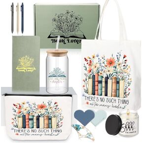 Marspark 12 Pcs Book Lovers Gift Set for Women Include Canvas Tote Glass Cup Makeup Pouch Floral Soy Candle Heart Bookmarks Page Holder Pens Sticky Notes Book Club Gift for Readers Librarians