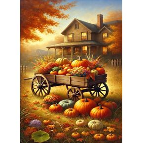 Autumn Cart Pumpkin House Diamond Art Kits for Adults, 5D Diamond Painting Kits for Adults Beginners, DIY Full Round Drill Diamond Dot Painting Gem Art Kits for Adult, Home Wall Decor 11.8x15.7 Inch