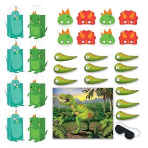 HOME & HOOPLA Dinosaur Party Dino-Mite Party Masks, Make Your Own Paper Gift Bags, and Pin The Tail on The Dinosaur Game for 8 Guests