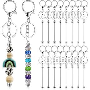 28pcs Blank Beadable Keychain Bars Bulk Beadable Keychain Bars with Key Ring Metal DIY Focal Bead Key Chain Bar Charms Making Supplies, Easy to Detachable for Pendant DIY Crafts Jewelry Making