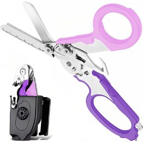 Multi-function Trauma Shears Foldable,Stainless Steel Emergency Response Shears for Nurses with Holster,Outdoor Camping Scissors Tools with Strap Cutter and Glass Breaker (Purple)