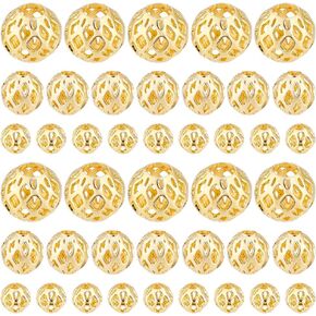 PH PandaHall 60pcs 18k Gold Plated Round Beads, 3 Sizes Round Brass Hollow Beads Metal Spacer Beads Loose Beads for Earrings Bracelet Pendant Waist Chain Necklaces Jewelry DIY Crafts, 4/6/8mm