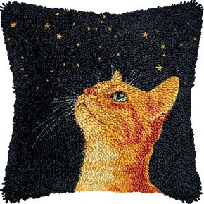 Generic Cute Orange Cat Stars Sky Colorful Latch Hook Kits Pillow Printed Cushion Crochet Yarn Needlework DIY Hook Latch Kit Pillowcase Rug Cover Home Sofa Christmas Decoration 43x43cm(2)