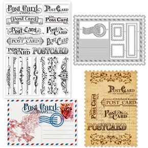 GLOBLELAND Post Card Clear Stamps Decorative Frame Cutting Dies Set Silicone Transparent Stamp Metal Die Cuts for Card Making and DIY Embossing Scrapbooking Craft Decor
