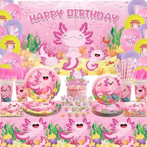 Pink Axolotl Birthday Party Decorations - Axolotl Party Supplies including Backdrop, Plate, Cake Topper, Cup, Napkin, Balloon, Tablecloth - Serves 20