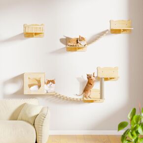 16 Pcs Pine Wooden Cat Wall Shelves, Wall Climber with House, Shelf, Bridge Ladder and Tunnel, Indoor Mounted Climbing Shelf