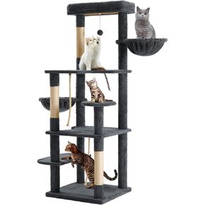 58 Inch Cat Tree Tower for Indoor Cats Soft Plush Multi-Level Cat Furniture House with Cat Hammocks, Hanging Balls, Scratching Posts Sisal Rope (Black)