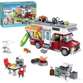 City Camper Van Building Set, 880 Piece Lighting RV Model Building Toy Set, Summer Beach Vacation Camper Building kit,Christmas Birthday Gift for Adults and Kids 6+