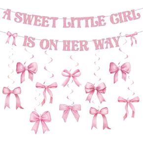 Pasimy Pink Bow Coquette Baby Shower Decorations A Sweet Little Girl Is On Her Way Banner Pink Bow Swirls Girl Shower Decor Rose Gold Glitter Gender Reveal Photo Props Sign Party Supplies