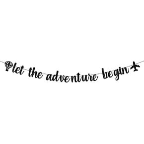 Adventure Awaits Baby Shower Decorations Glitter Let The Adventure Begin Banner for Going Away Party Decor Bon Voyage/Woodland Baby Shower/Graduation/Travel Theme Party Decorations (Champagne Gold)