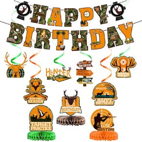 Hunting Birthday Party Decorations, Camo Birthday Party Decorations Include Banner Hunting Hanging Swirls Decor Deer Table Centerpiece Honeycomb for Hunting Party