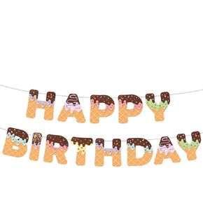 Ice Cream Happy Birthday Banner, Pre-Strung Summer Birthday Banner Ice Cream Party Decorations for Kids Adults Baby Shower Photo Props