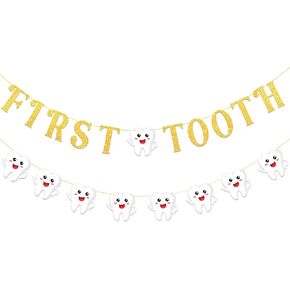 Pre-Strung First Tooth Banner Decorations, Gold Glitter Letter Garland, Cute Tooth Shaped Hanging Milk Teeth Garland for Baby's First Tooth and Baby Shower Party Decor for Boys and Girls