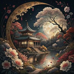JOZYSH Dream Moon Tree Castle Theme Cross Stitch Painting Set, DIY Art Needlework Crafts, 11CT Cross Stitch Decorative Painting, Creative Handmade Gift. Embroidery Crafts for Home Decoration (ColorA)