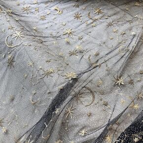 Golden Star Lace Fabric by The Yard Embroidery Stars Moon Navy Lace Tulle Fabric for Celestial Costume Home Decoration 5 Yards
