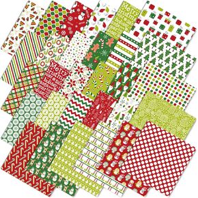 60Pcs Christmas Cotton Fabric Bundles 10 x 10 Inch Xmas Tree Snowflake Santa Gingerbread Fabric Squares Red Green White Sewing Fabrics for Xmas Winter DIY Craft Party Decor