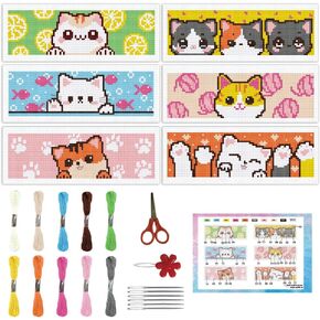 INFUNLY 6pcs Cartoon Cat DIY Cross Stitch Bookmark Kits for Beginner 8.66"×3.15" Cute Kitten Stamped Embroidery Kit with Instruction Pussycat Printed Bookmark Kits for Cat Lovers Book Readers Writers