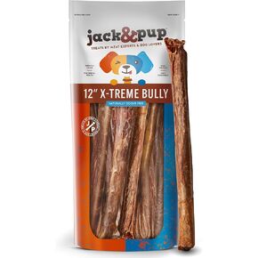 Jack&Pup 12" X-treme Bully Sticks for Large Dogs | Collagen + Pizzle Sticks for Dogs | 3X Longer Lasting for Aggressive Chewers (5 Count)