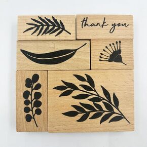 6Pcs Plant and Leaf Wooden Stamp Retro Decorative Rubber Stamp and Thank You Mounted Wood Rubber Stamp Set for DIY Crafting and Scrapbooking