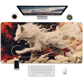 Large Gaming Mouse Pad with Japanese Art Wolf Design, Extended Desk Mat, 31.5 x 15.7 inches, Non-Slip Base