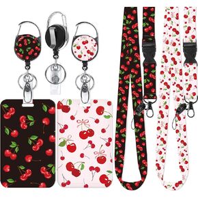 2 Pack Badge Holder with Retractable Reel Clip and Lanyard, Cherry Bow Pink & Black Teacher Lanyard with ID Holder, Gifts for Women Teachers Students Office Workers