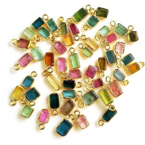 Rare Gemstone Multi-Tourmaline Gemstone Connectors & Charms, Single Looped Sterling Silver 5 Piece With Gold Plating, 3 X 6-4 X 8 MM, Genuine Fine Jewelry Connectors