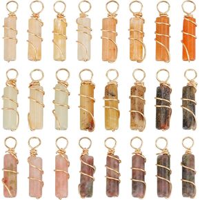 FINGERINSPIRE 24 Pcs 3 Styles Natural Stone Pendants Real 18K Gold Plated Wire Wrapped Jade & Plum Blossom Jade Column Pendants Without Chain Healing Stones for Jewelry Making
