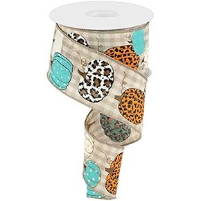 Leopard Pumpkins on Check Canvas Ribbon with Wired Edge, 10 Yards (Turquoise, Orange, 2.5 Inch)