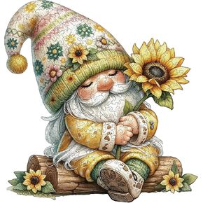 Gnome Wooden Puzzles for Adults, 200pcs Wooden Jigsaw Puzzles for Adults, Gnome Flowers Unique Shaped Jigsaw Puzzles Creative Gift for Friend Family Game Medium Size 10.6'' x 9.8''