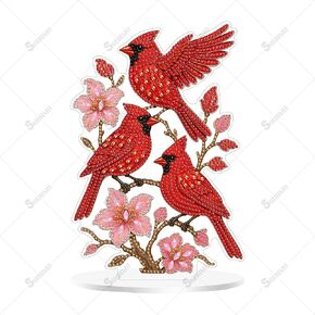 SOURMO Tabletop Diamond Art Painting Kit Bird, DIY Double Sided Acrylic Diamonds Painting Board Kit for Adults, Gem Art Painting on Stand (Cardinal)
