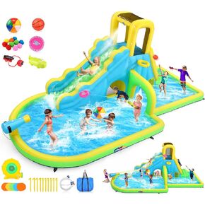 Whubefy 16.4x10 FT Mega Inflatable Water Slide for Kids Backyard w/Long Slide & Tunnel, 13-in-1 Blow Up Waterpark w/Giant Splash Pool, Climbing Wall, Obstacle Door, Basketball Rim, Water Cannon
