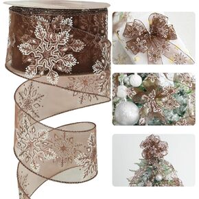 HUIHUANG Snowflake Wired Brown Sheer Wire Ribbon Glitter Brown Snowflakes for Christmas Tree, Bows Making, Wreath, Gift Wrapping, Garlands, Fall Decor - Continuous 25 Yards
