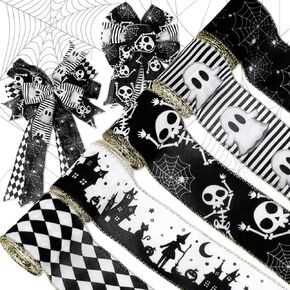 5 Roll Halloween Wired Edge Ribbon - 2.5 Inch, 30 Yards Ghost Skeleton Spider Web - White & Black Spooky Gift Wrap Ribbon for Bow, Wreath, Craft & Party Decor