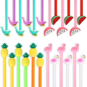 Whaline 24Pcs Summer Gel Ink Pens Flamingo Watermelon Dolphin Pineapple Roller Pens Colorful Cute Cartoon Neutral Pen Black Ballpoint Writing Pen for Home School Office Household Supplies Summer Gift