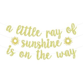 A Little Ray of Sunshine is on the Way Banner, Here Comes the Sun Baby Shower Party Decoration Supplies, Funny Sun Theme Garland Baby Shower/1st Birthday Party Sign, Gold Glitter