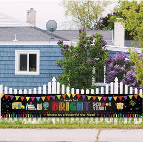 Here’s to a Bright School Year Banner 120 x 20 Inch Colorful Welcome Back to School Yard Sign Kindergarten Preschool First Day of School Party Decorations Fence Gate Yard Outdoor Decorations
