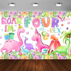 Three Rex Birthday Decorations Girl Watercolor Dinosaur 3rd Birthday Party Banner Backdrop Pink 3 Rex Dino Party Decor Supplies for Girls (Pink Three rex)