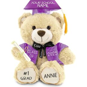 Personalized Graduation Teddy Bear Gift 2025 for Her Him, College, High School, 12 Inch - Cute Custom Beige Bear with Black Gown Add Your Name and Year on The Feet