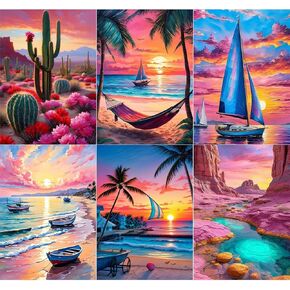 T.HENV Diamond Art Kits for Adults, 6 Packs Summer Beach Daimond Paint by Numbers Kit for Adults, 5D DIY Diamond Painting Kit, Crystal Gem Art Kits for Home Wall Deacor, Living or Bedroom, 12x16 inch