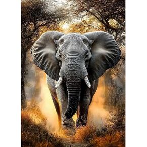 MXJSUA Savannah Elephant DIY Diamond Painting by Number Kits for Adults, 5D Round Drill Diamond Gem Art Painting Picture Arts Kits Craft for Home Wall Decor 12x16 Inch