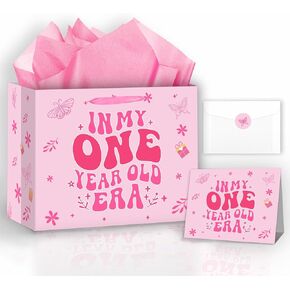 Allparty Baby Girl 1st Birthday Gift Bag In My One Year Old Era Gift Bag with Wrapping Paper Card Sticker Envelope for Girls Baby Shower Pink First Birthday Party Favors Decorations Supplies